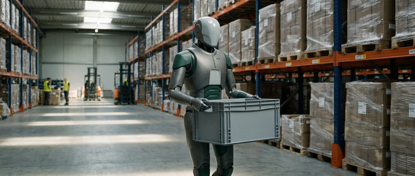 HV-1 Operator humanoid walking a logistics plant aisle between tall racking