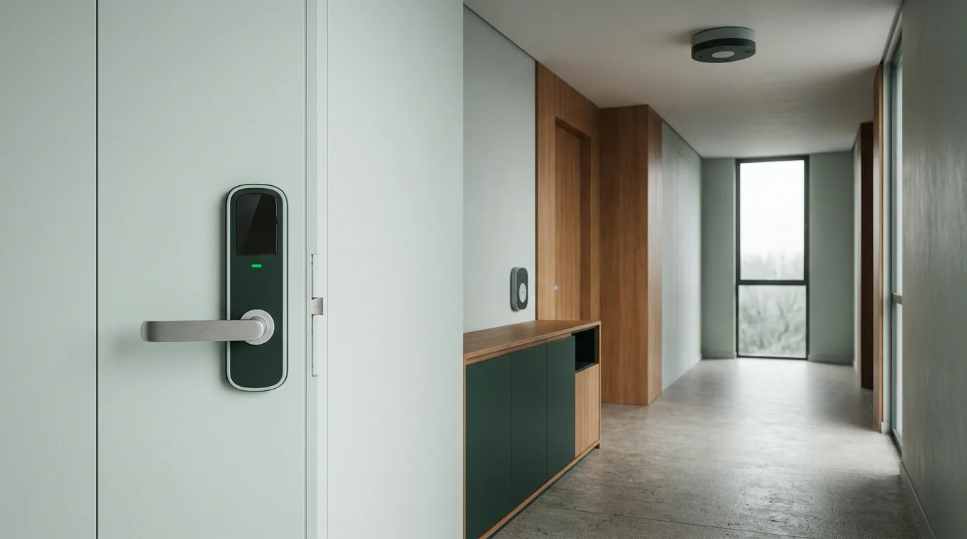 Hotel guest presenting a phone to the reader inside an elevator, one floor lit