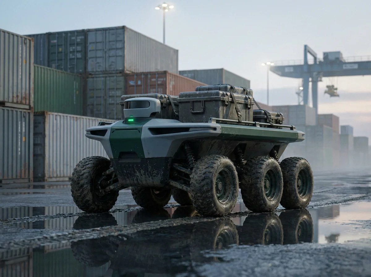 GX-Terra ground vehicle crossing a wet container yard at dawn
