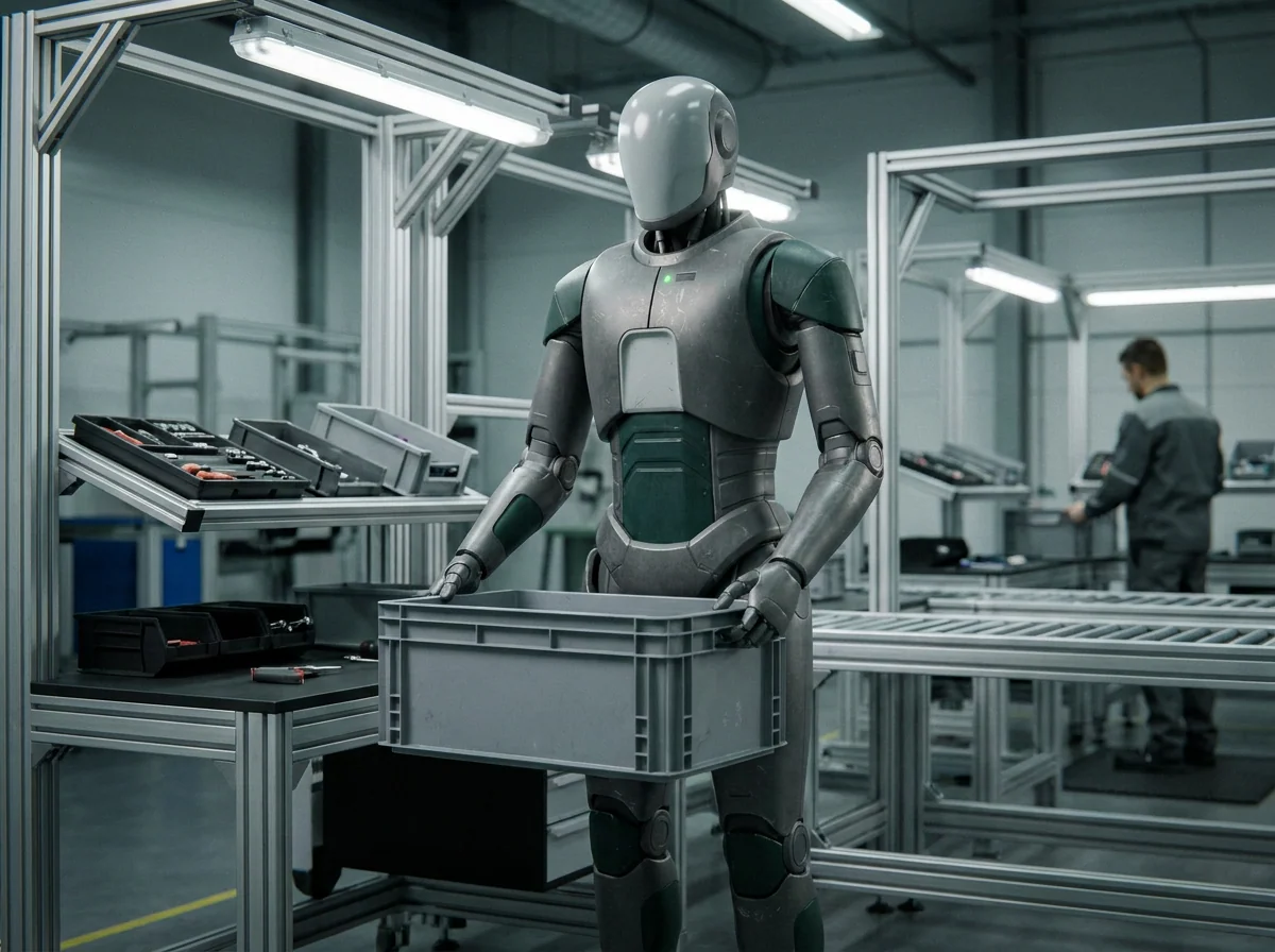 HV-1 Operator humanoid handling a container in a manufacturing cell