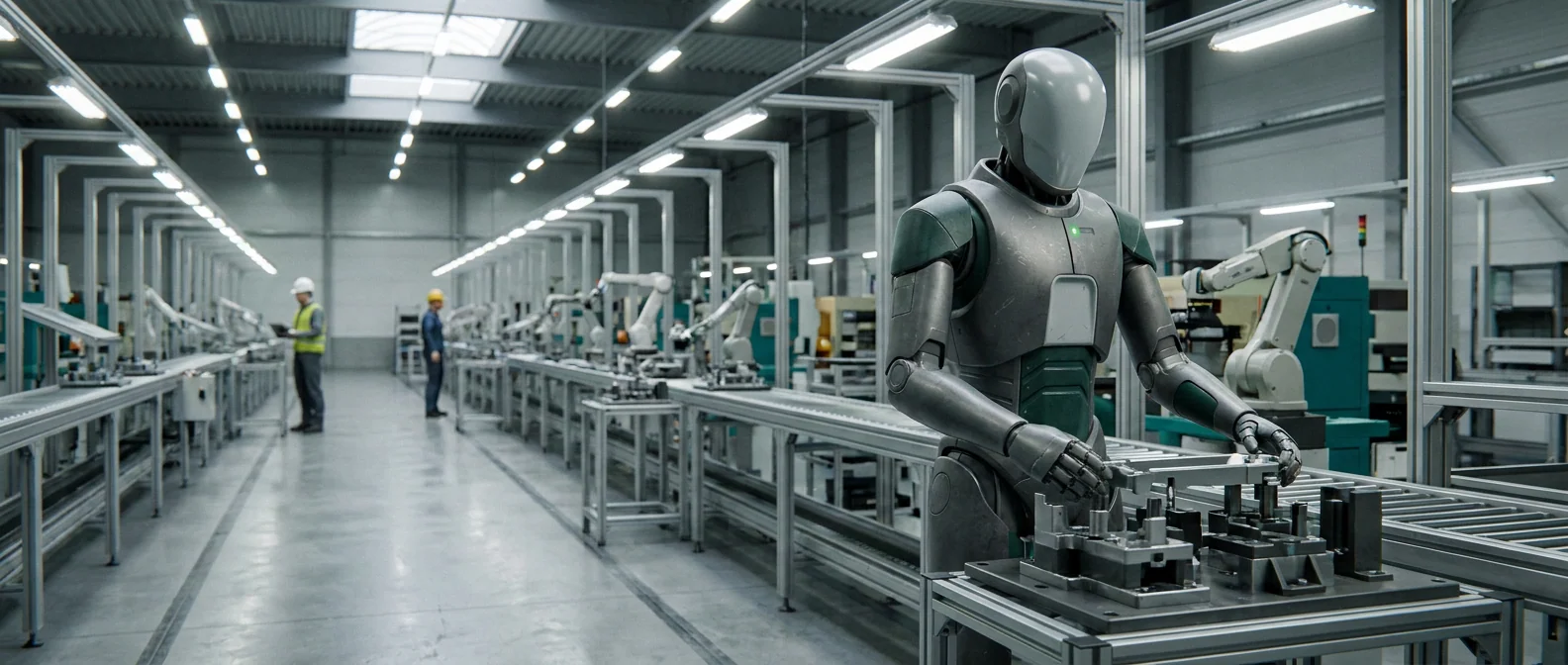 HV-1 Operator humanoid handling a container in a manufacturing cell